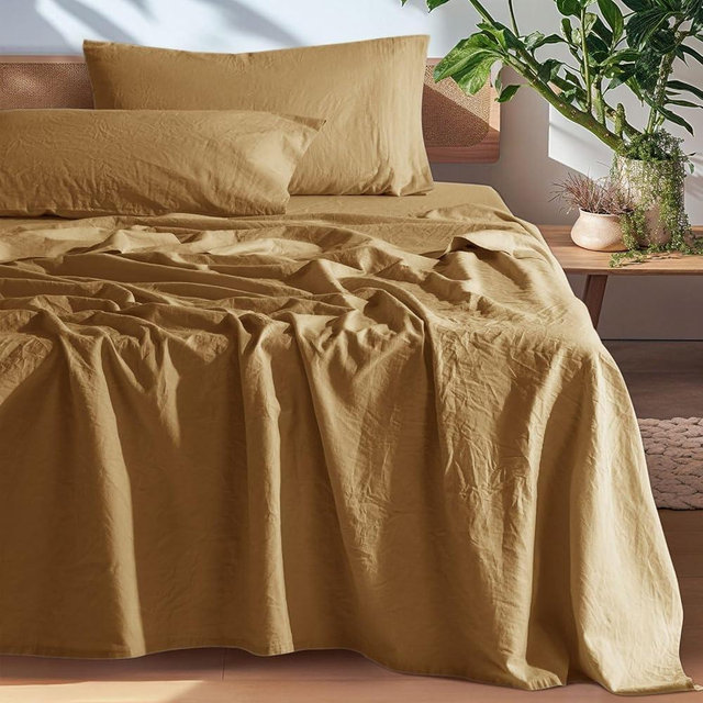 SONORO KATE 100% French Pure Linen Sheets, Breathable and Durable Line Queen Size Sheets, Anti-Tear Line Bed Sheets, Machine Washable, 16 Inch Deep Pocket - 4 Piece (Rust, Queen)