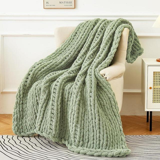 Admitrack Chunky Knit Blanket Throw, 100% Hand Knit Chenille Throw Blanket for Sofa & Home Decor, Soft and Cozy Knitted Throw Blankets (Sage Green，51"x63")