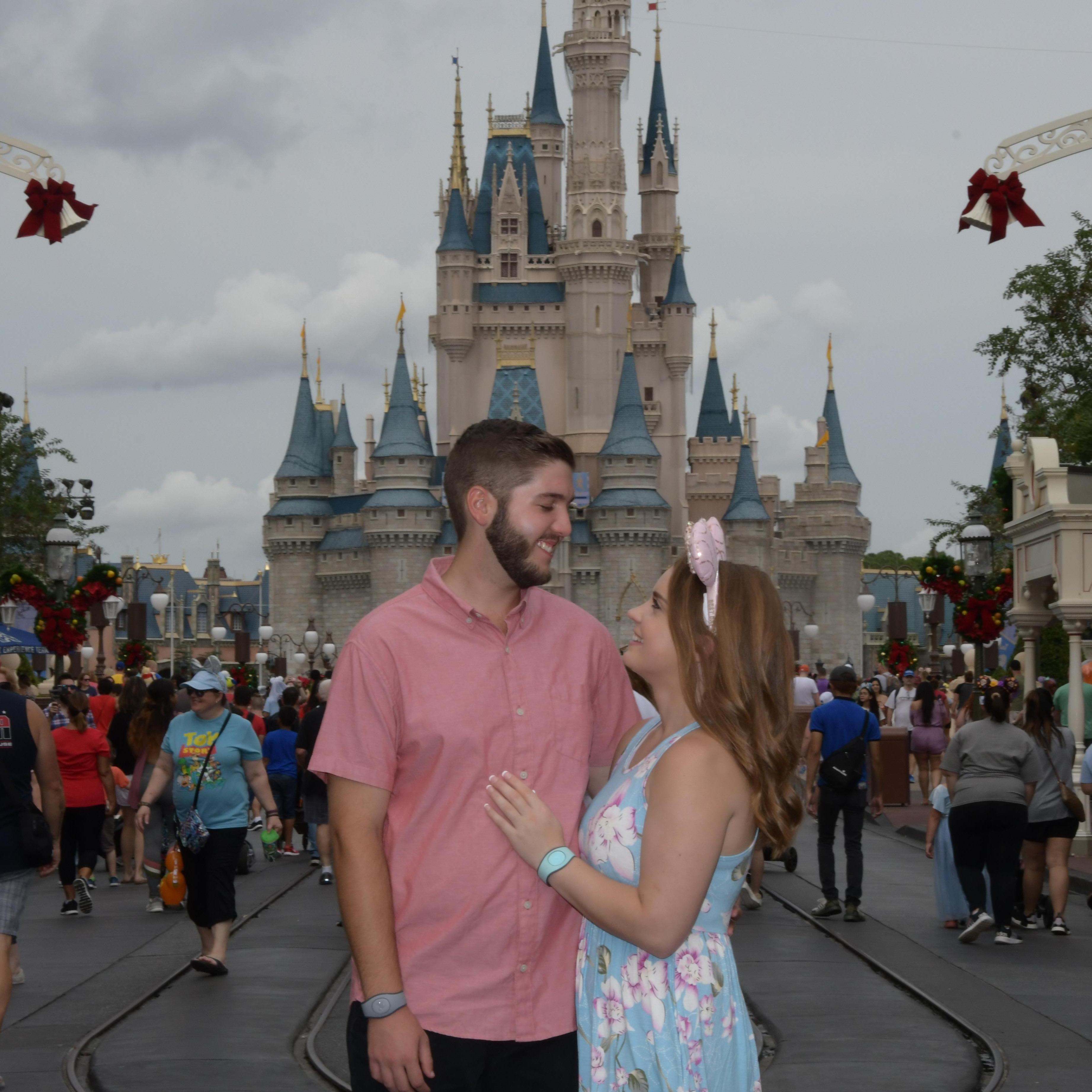 At Magic Kingdom, on the day we got engaged! Shortly before this, a couple got engaged right in front of us and a stranger asked Andrew if he was proposing which made him nervous.