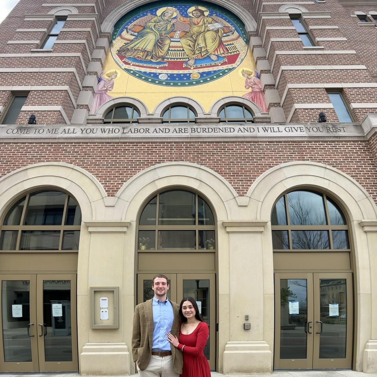 Us in front of the church where we met, Saint Paul's Catholic Student Center.