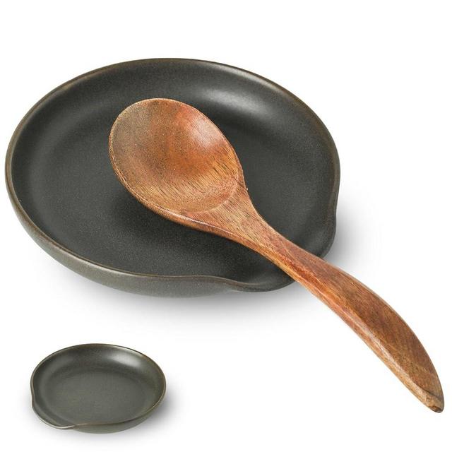 Tikooere Spoon Rest, Stoneware Spoon Holder for Stove Top, Cooking Spatula Holder for Kitchen Counter, Ceramic Utensil Rest for Christmas Gift, Farmhouse Kitchen Decor, 4.9 Inch, Matte Black