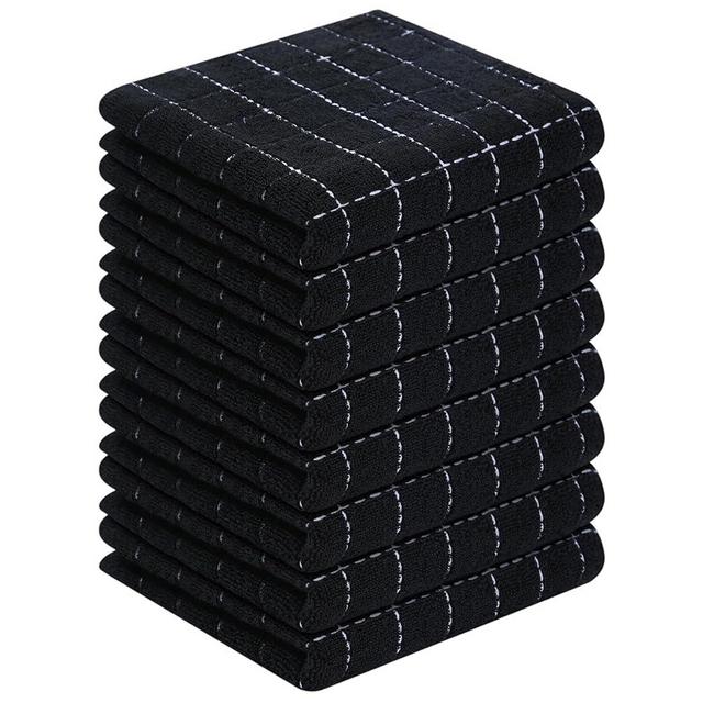 Homaxy 100% Cotton Terry Kitchen Towels(Black, 13 x 28 inches), Checkered Designed, Soft and Super Absorbent Dish Towels, 8 Pack