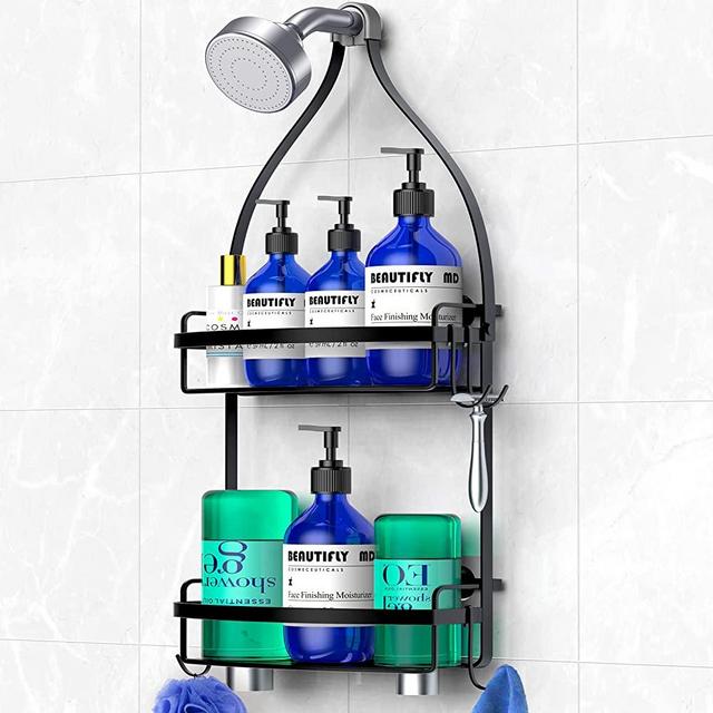 Meangood Shower Caddy Over Shower Head, Anti-Swing Hanging Shower Caddy with 4 Remove Hooks for Razor, Sponge, Towels Rustproof Shower Organizer for Bathroom, Metal Black