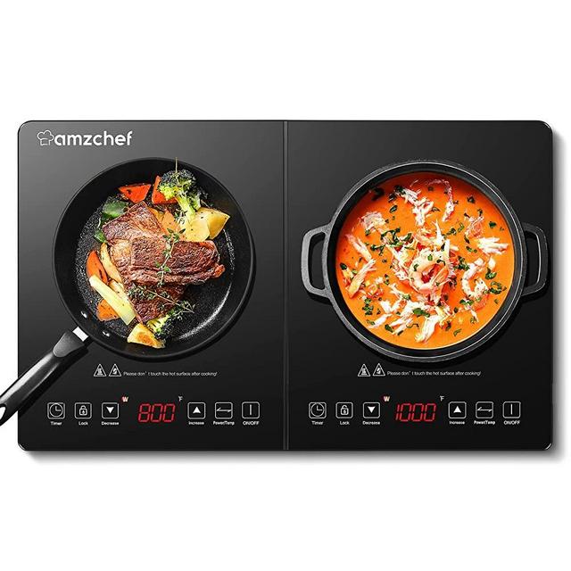 Electric Cooktop AMZCHEF Double Induction Cooker with 2 Burners, Ultra-thin Body, Independent Control,10 Temperature Levels, Multiple Power Levels, 1800W, 3-hour Timer,Safety Lock,Fashion Design