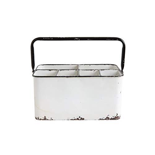 Creative Co-Op Distressed Metal Caddy Enamel Finish with Black Rim and 6 Compartments, 11" L x 6-1/4" W x 9" H, White