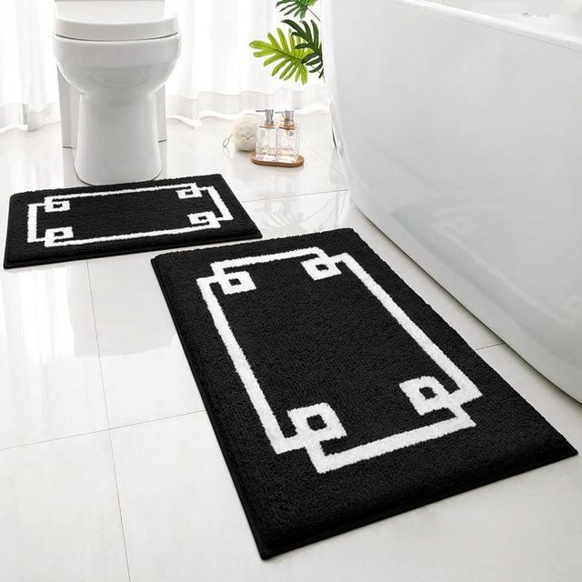 HOMEIDEAS Bathroom Rugs Sets 2 Piece, Soft and Water Absorbent Microfiber Carpet, Non-Slip Washable Bath Mats (20"x32"+16"x24", Black and White)