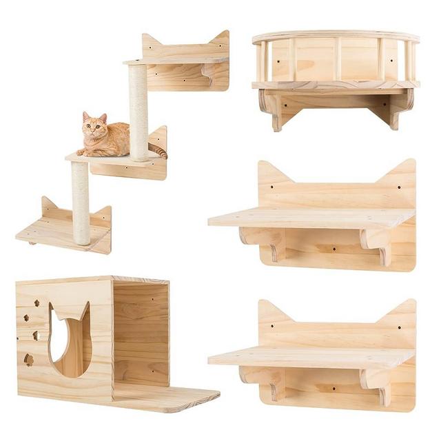 MIUZMORE Pine Cat Wall Frame Climbing Frame Set of 5 Cat Wall Furniture, Cat Shelves and Perches for Walls, Cat House, Sisal Post Ladder, Cat Steps and Cat Travel Platform