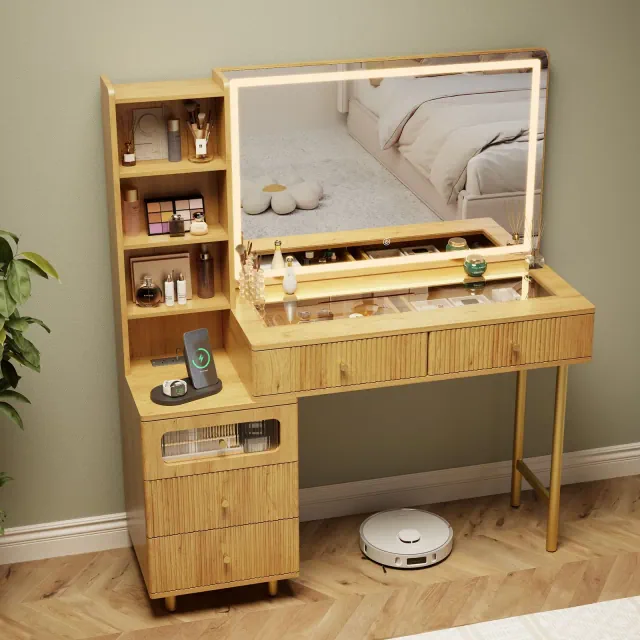 48" Makeup Vanity with Mirror and Lights, Fluted Modern Vanity with Glass top & Storage Cabinet