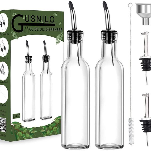 Gusnilo Olive Oil Dispenser, Oil Vinegar Cruet, Square Tall Glass Bottle W/Stainless Steel Pourer Spout SET OF 2-8 Oz(Ounce)