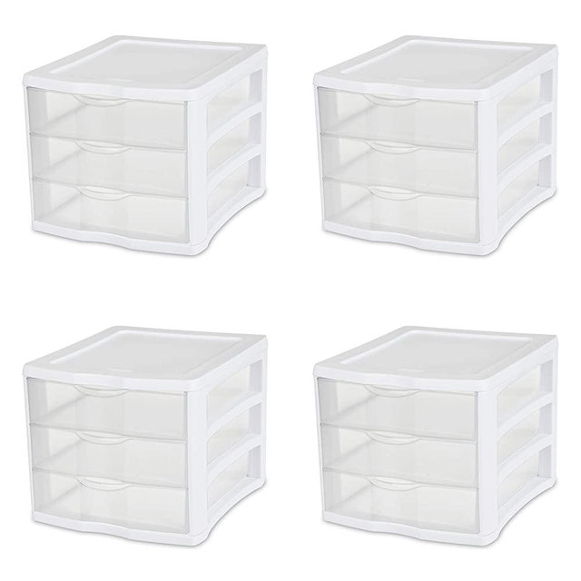 Sterilite 17918004 3 Drawer Unit, White Frame with Clear Drawers, 4-Pack
