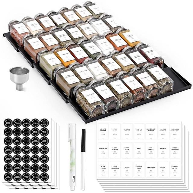 34 Spice Jars and 5 Tiers Drawer Spice Organizer with 372 Labels, Shake Lids and Airtight Aluminium Caps, Black Metal Drawer/Countertop Tray Rack with Seasoning Containers
