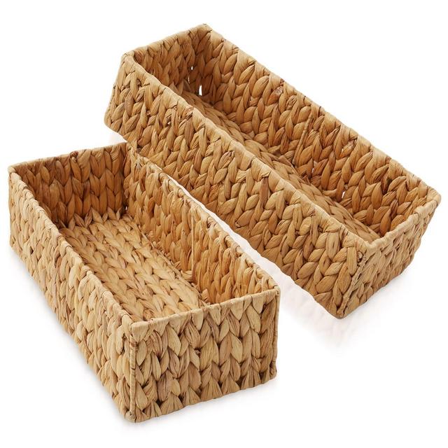 Casafield Bathroom Storage Baskets - Set of 2, Natural - Water Hyacinth, 16" W x 6.75" D x 4.25" H, Woven Toilet Paper, Tissue, Shelving Bins