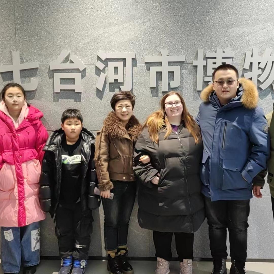 Cousins Xiran and Chenyang, Haonan’s mom, Allison and Haonan. The family went to the museum of Qitaihe, and got a personal tour! Allison liked looking at the pictures (she didn’t understand a word).