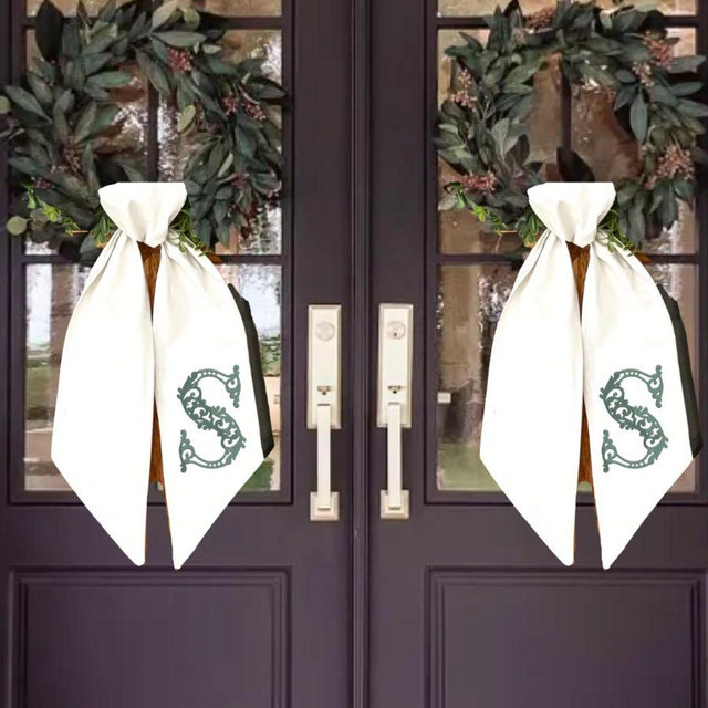 Floral Script Monogram Wreath Sash | Personalized Front Door Decor, Embroidered Initial Bow