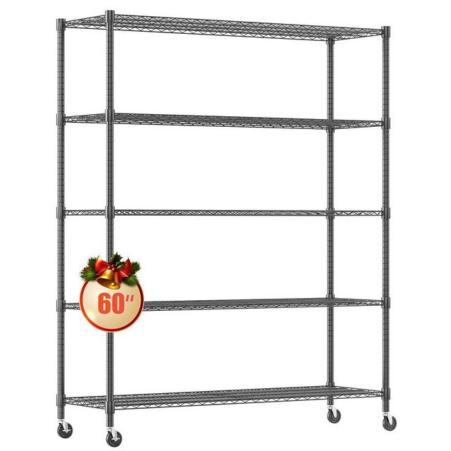 Homdox 5 Tier Storage Racks and Shelving, 24"x60"x82" Heavy Duty Metal Shelves for Storage, 3000LBS Commercial Adjustable Wire Shelving Unit on Wheels for Garage, Pantry, Kitchen, Warehouses, Black
