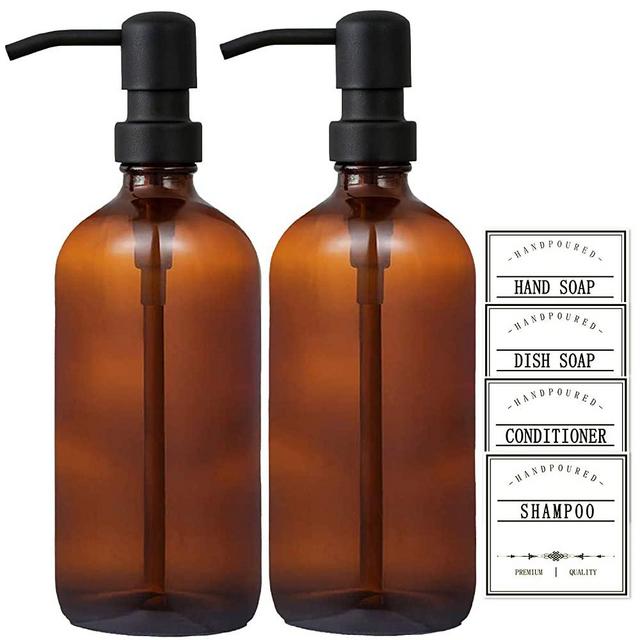 GMISUN 16oz Amber Glass Soap Dispenser with Rustproof Matte Black Stainless Steel Pump and Labels,2 Pack Refillable Soap Dispenser for Kitchen/Bathroom