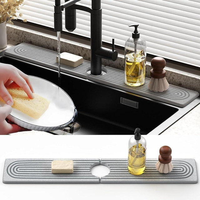 Slow Slog Quick Dry Sink Splash Guard, Instant Dry Stone Sink Tray around Faucet, Extended 23.6" Faucet Mat for Kitchen Sink, Diatomaceous Earth Sink Faucet Mat for Countertop Kitchen Bathroom, Gray