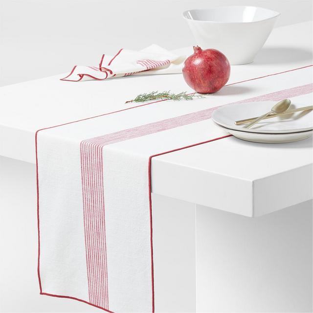 Red-Striped Merrow-Stitch Organic Cotton Holiday Table Runner 90"