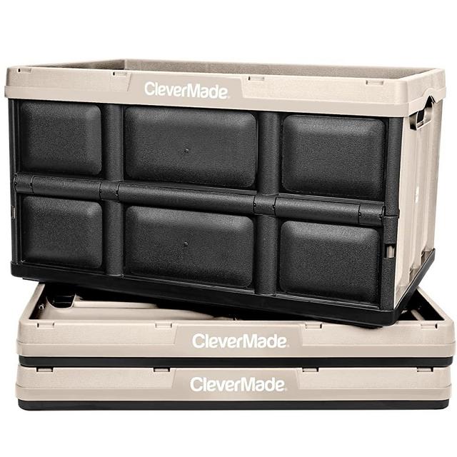 CleverMade 62L Collapsible Storage Bins - Folding Plastic Stackable Utility Crates, Solid Wall, No Lid, 3 Pack, Tan