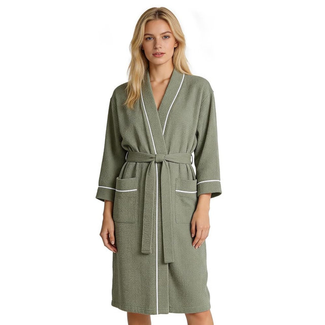 Inner Wish Women's Cotton Waffle Kimono Robe, Lightweight Quick Dry Spa Shower Robe with Pockets