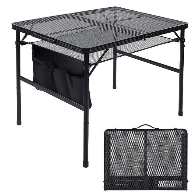 JOUYEK Folding Grill Table, 3x2 FT Portable Camping Table, Lightweight Height Adjustable Metal Table with Mesh Desktop and Mesh Bag, Outdoor Table for Camping, Picnic, Beach and BBQ, Black