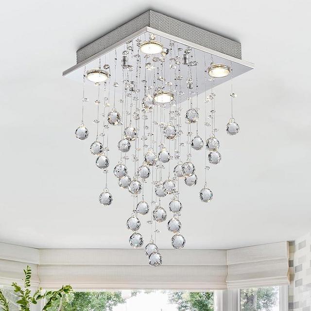 Bestier Chrome Modern Crystal Square Raindrop Chandelier Lighting Flush Mount LED Ceiling Light Fixture Pendant Lamp for Dining Room Bathroom Bedroom Livingroom 4 GU10 Bulbs Required 12" Wide 20" High