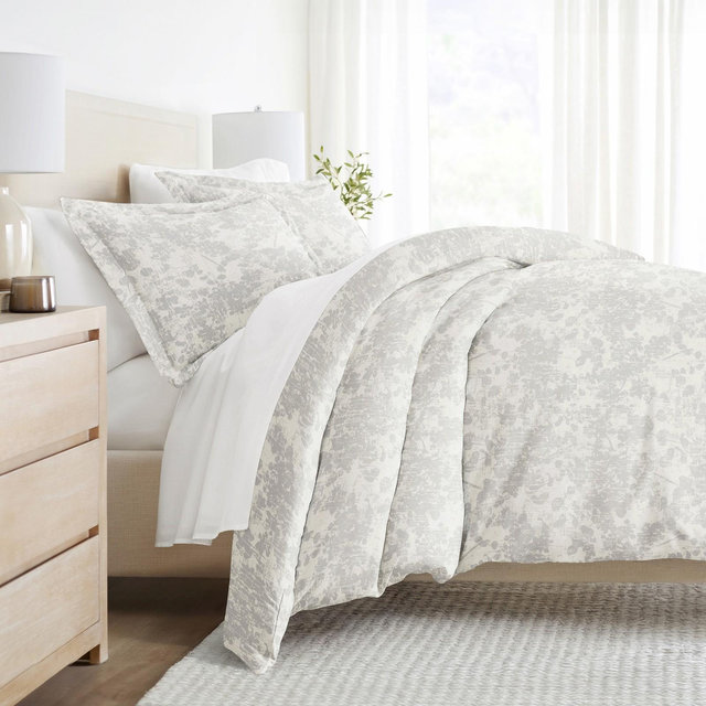 Weathered Floral 3PC Duvet Cover Set - Soft Microfiber, Zippered Closure, Easy Care - Becky Cameron, Weathered Floral Light Gray, Full/Queen
