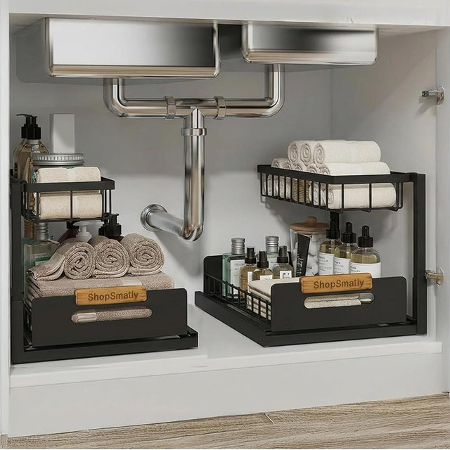 ShopSmatly Under Sink Organizer 2-Pack, Metal Under Sink Organizer for Kitchen & Bathroom, Multi-Use Under Sink Storage Rack for Cleaning Supplies and Bathroom Essentials (Black)