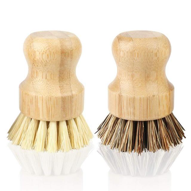 2 Pack Bamboo Dish Brush, Amytalk Natural Scrub Brush for Dishes Cast Iron Pots Pans Bathroom Kitchen Sink Household Cleaning