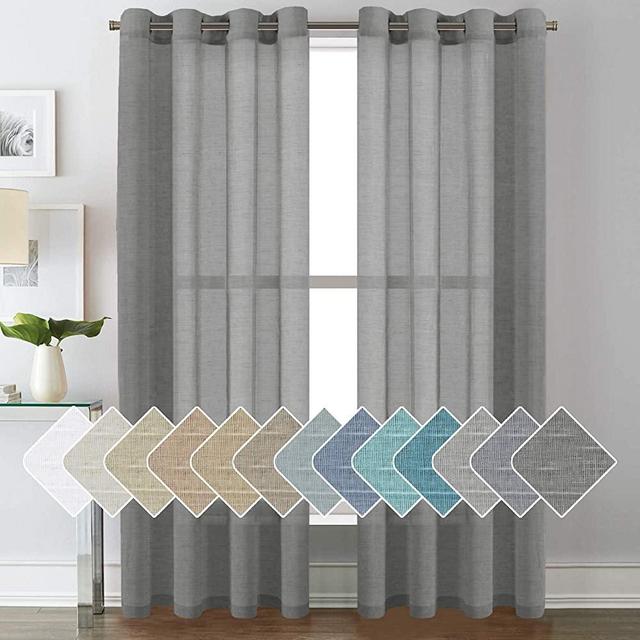 Open Weave Linen Curtains 84 Inches Long Semi Sheer Charcoal Grey Curtains - Privacy Added Nickel Grommet Linen Curtain Panels for Living Room / Bedroom (2 Panels)