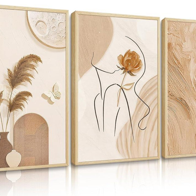 3Pcs Neutral Abstract Wall Art Tan and Cream Boho Abstract Wall Decor Modern Beige Minimalist Textured Canvas Prints Woman Silhouette Painting Pictures for Living Room Office 12x16In Unframed Poster