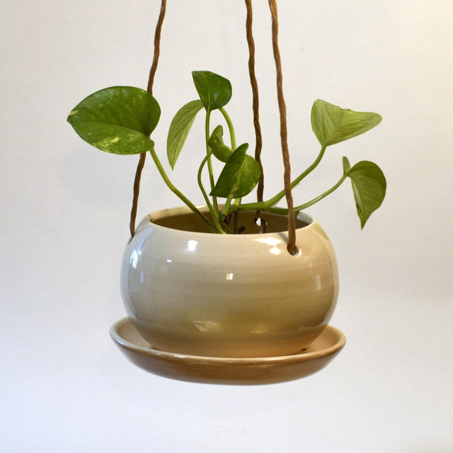 Hanging Planter with Drainage, 5" x 5" x 3” | Handmade Ceramic, Wheel Thrown, Base Plate, Indoor, Outdoor