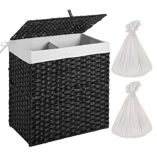 Greenstell Handwoven Laundry Hamper with 2 Removable Liner Bag, Synthetic Rattan Laundry Basket with Lid and Handles, Foldable and Easy to Install Black (Larger Size)