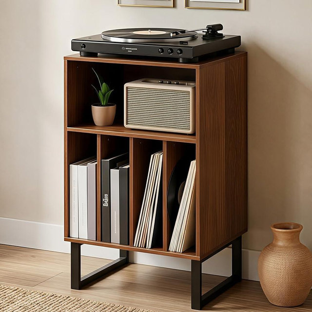 Record Player Stand with Vinyl Storage Cabinet, Turntable Table for Albums & LPs - Modern Media Console | Furniture for Living Room, Bedroom & Office | Dark Walnut