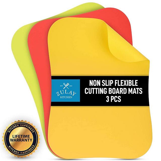 Zulay Extra Thick Flexible Cutting Board Mats for Kitchen - 100% Non Slip (New) Textured Bottom Grip Prevents Slipping on Any Countertop - Color Coordinated Plastic Cutting Boards Set of 3