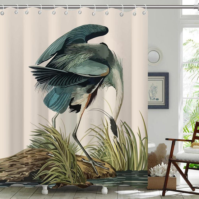 KAIRA Vintage Heron Bird Art Shower Curtain 72x72,Timeless Painting Design for Artistic Bathroom Decor Waterproof Polyester Fabric with 12 Hooks
