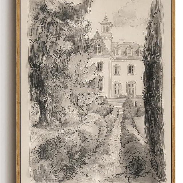 WALLZK Vintage Framed Wall Art French Country Sketch Canvas Prints Neutral Landscape Cottagecore Decor Pictures Artwork for Walls Living Room Bedroom Bathroom 8"x10"