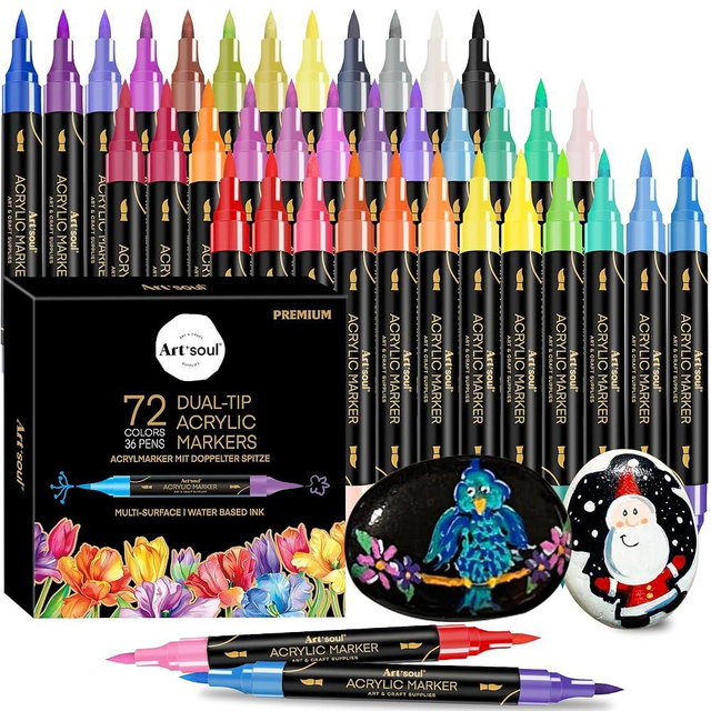 72 Colors Acrylic Paint Pens, 36 Pack Dual Tip Acrylic Paint Pens Markers for Rock Painting, Wood, Stone, Canvas, Ceramic, Glass Surfaces, DIY Crafting & Art Supplies