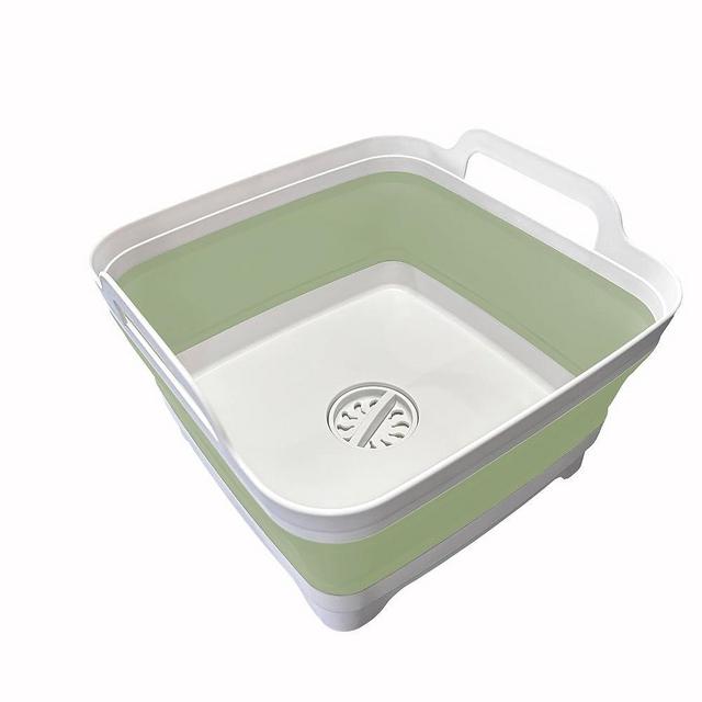 Leemeimei 9L (2.4Gal) Dish Basin Collapsible with Drain Plug, Space Saveing Kitchen Storage Tray Dish Wash Basin, Portable Dish Tub, Foldable Dishpan for Camping,RV,Green