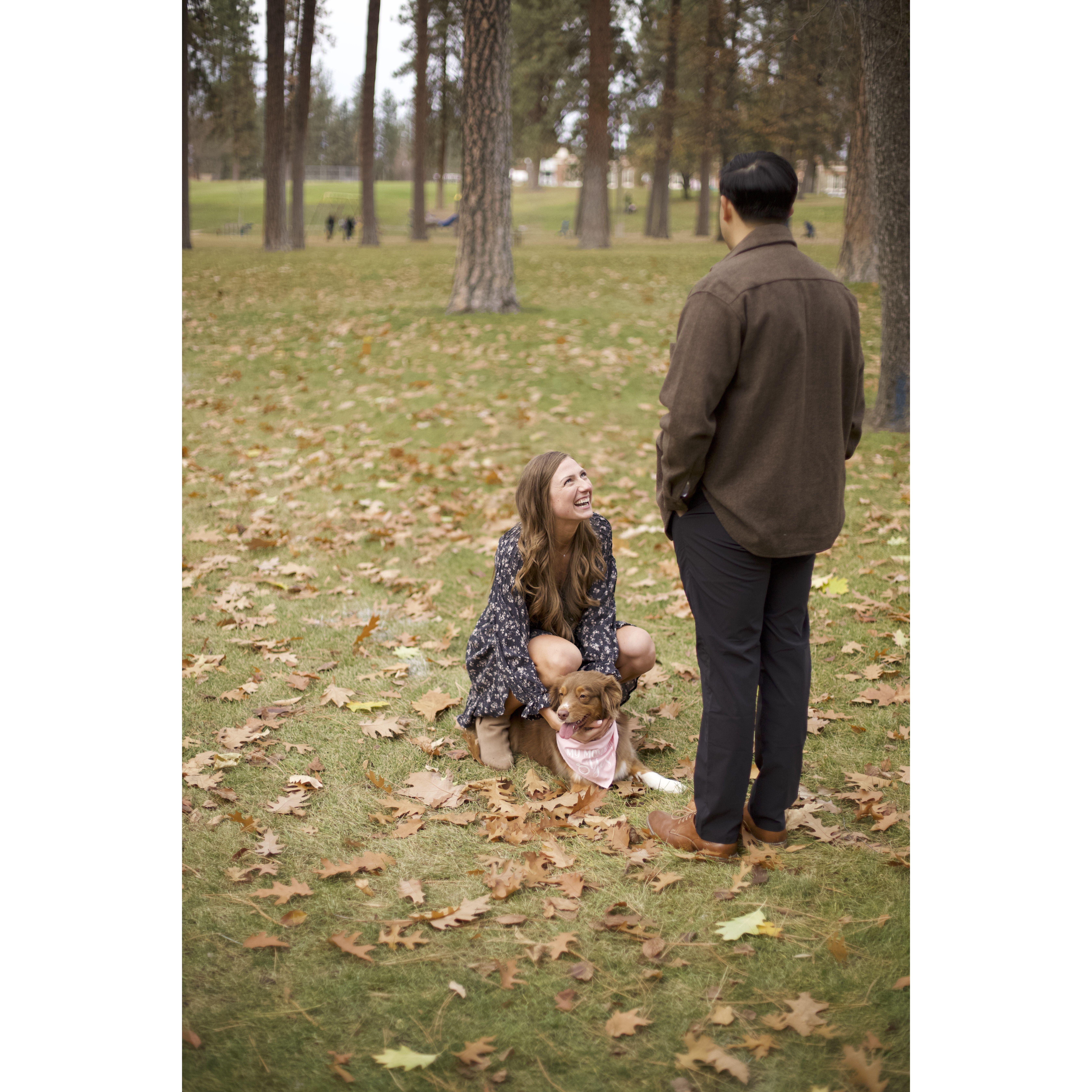 Piper came from behind the trees with a bandana that stated "My Mom Said Yes"