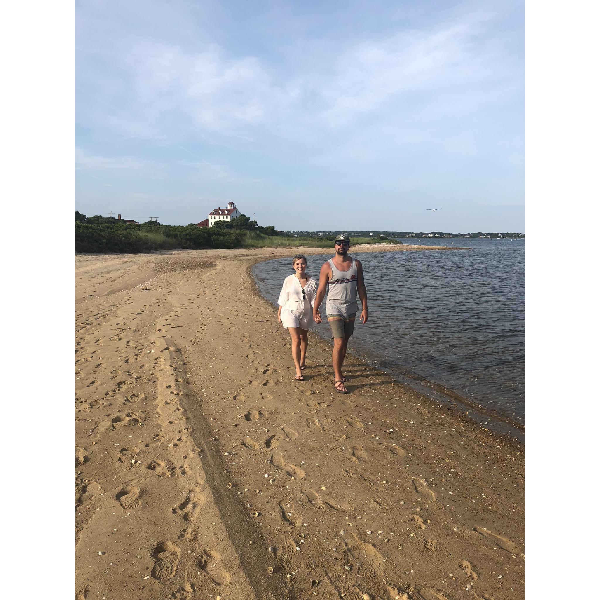 Enjoying our favorite activities of walking long distances, holding hands, and being on the beach in Block Island.