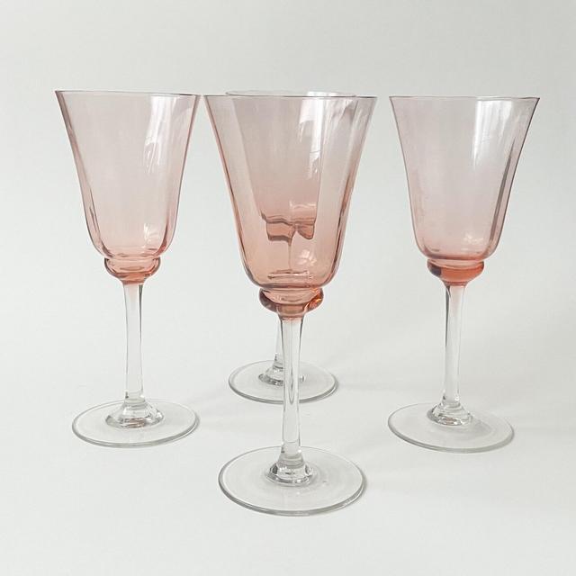Vtg Fluted Pink Wine Glasses w/ Panelled Bowls & Clear Stems 4pc Set
