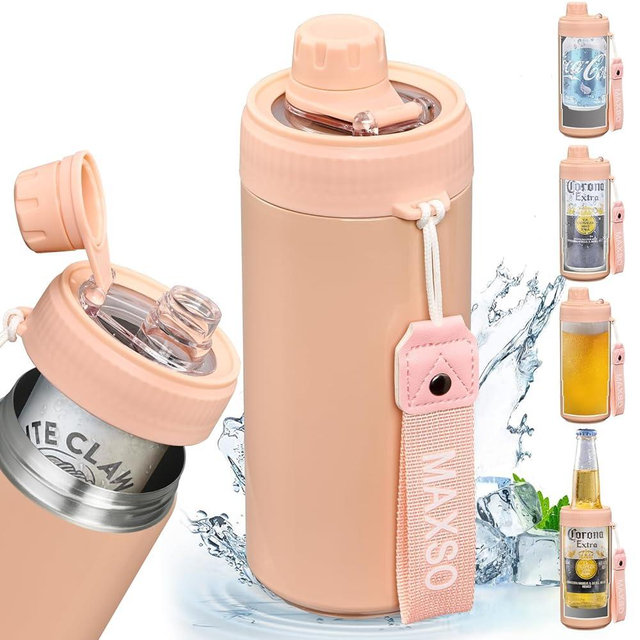 MAXSO Sealed Can Cooler Fizz Lid Can Cover for 12 oz Regular, Slim Skinny Cans & As Thermal Bottle, 4-in-1 Insulated Vacuum Stainless Steel Carbonated Cold Drink Holder - Salmon