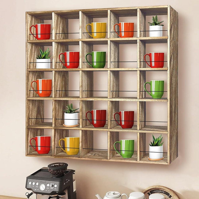 Montex Mug Rack, Mug Rack Wall Mounted, Coffee Mug Organizer for Kitchen, Coffee Bar, Wooden, 25 Compartments