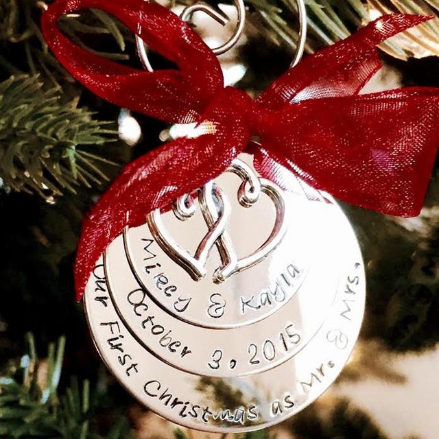 Custom First Christmas Ornament First Christmas married wedding date ornament with heart charms Engraved wedding gift for bride and groom