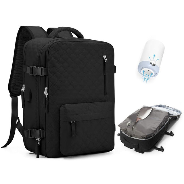 Travel Vacuum Storage Backpack with Air Pump Vacuum Seal Compression Space Saver Bags Clothing Vacpack Airback 18x14x8 inches Travel Bag Carry on Personal item Laptop Work Backpacks Women Men Black
