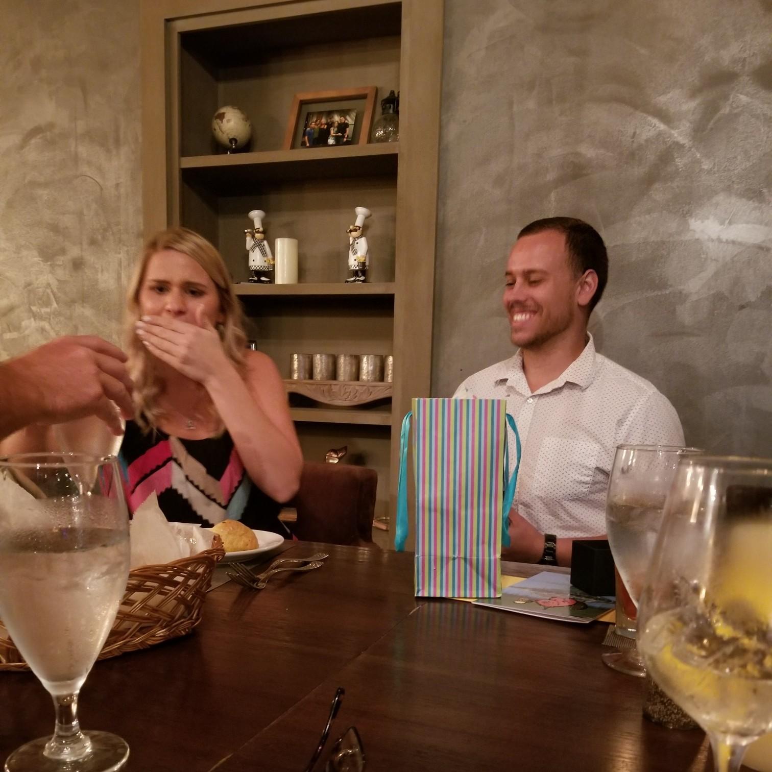 Leslie choking on bread and her dad offering her water as Trey is trying to propose!