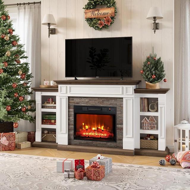 70" Electric Fireplace with Mantel, Fireplace TV Stand for TVs Up to 80 Inch, Farmhouse Entertainment Center with Storage, Realistic Stacked Stone Surround with Remote Control for Living Room,Bedroom