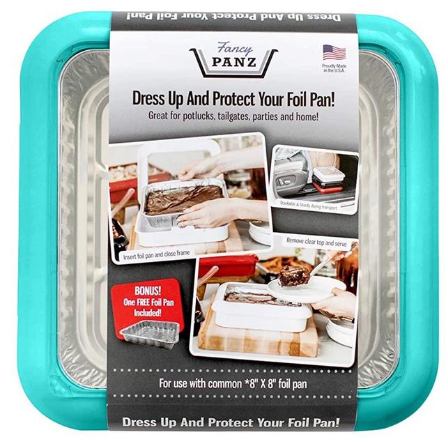 Fancy Panz 8x8 Aqua, Dress up & protect your foil pan 8x8 foil pan included, hot or cold food. 100% Made in USA! Great for potlucks, tailgating, home. Stackable, BPA Free