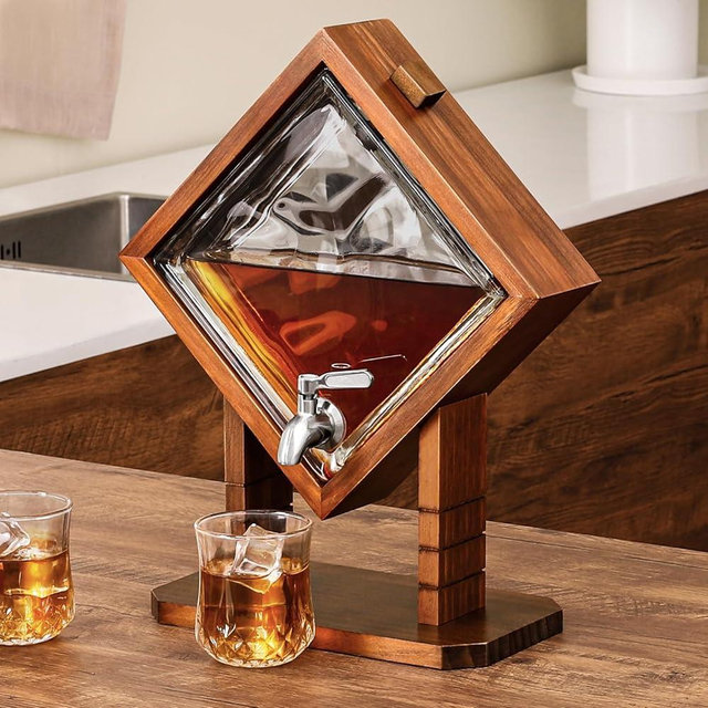 Vida Brillante Whiskey Decanter with Wood Stand, Liquor Dispenser for Home Bar and Mancave Decor, Unique Birthday Christmas Gift for Men Dad and Whiskey Lovers, Bourbon Scotch Tequila
